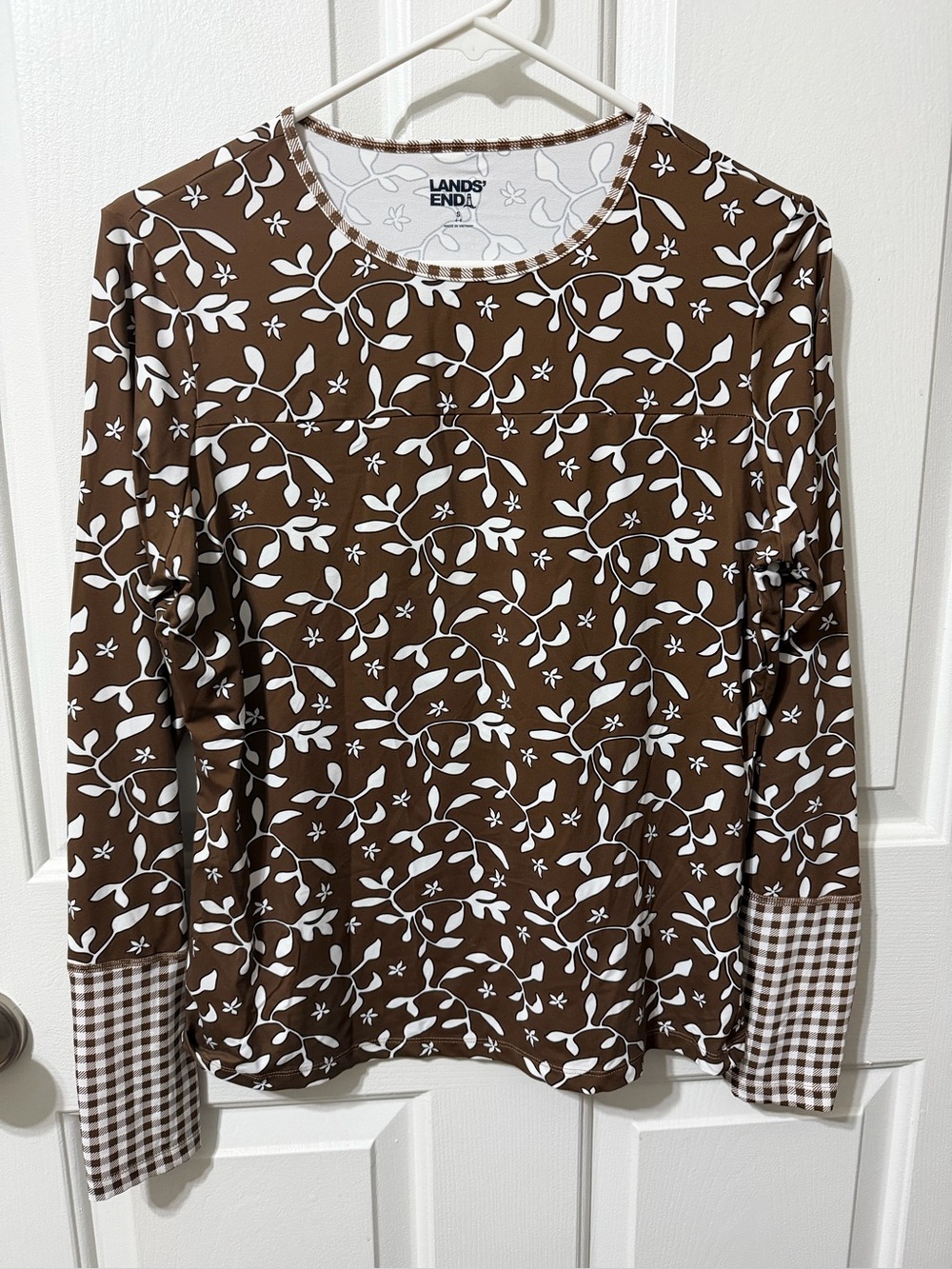 Lands' End Brown and White Floral Long-Sleeve Tee with Gingham Cuffs